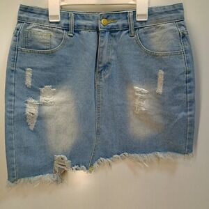 Asymmetrical Jean Denim Skirt Women's LARGE 32" Waist Light Wash‎ Distressed